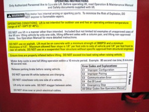 Competitor Auto Lift Warning Label